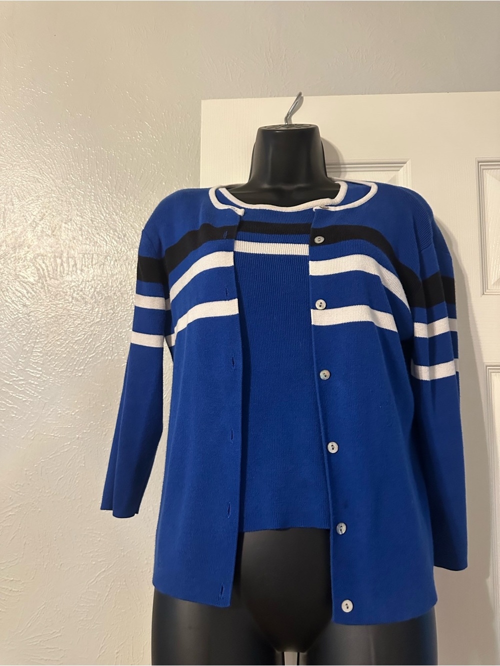 Petite Sophisticate Blue Striped Cardigan and Shell Set